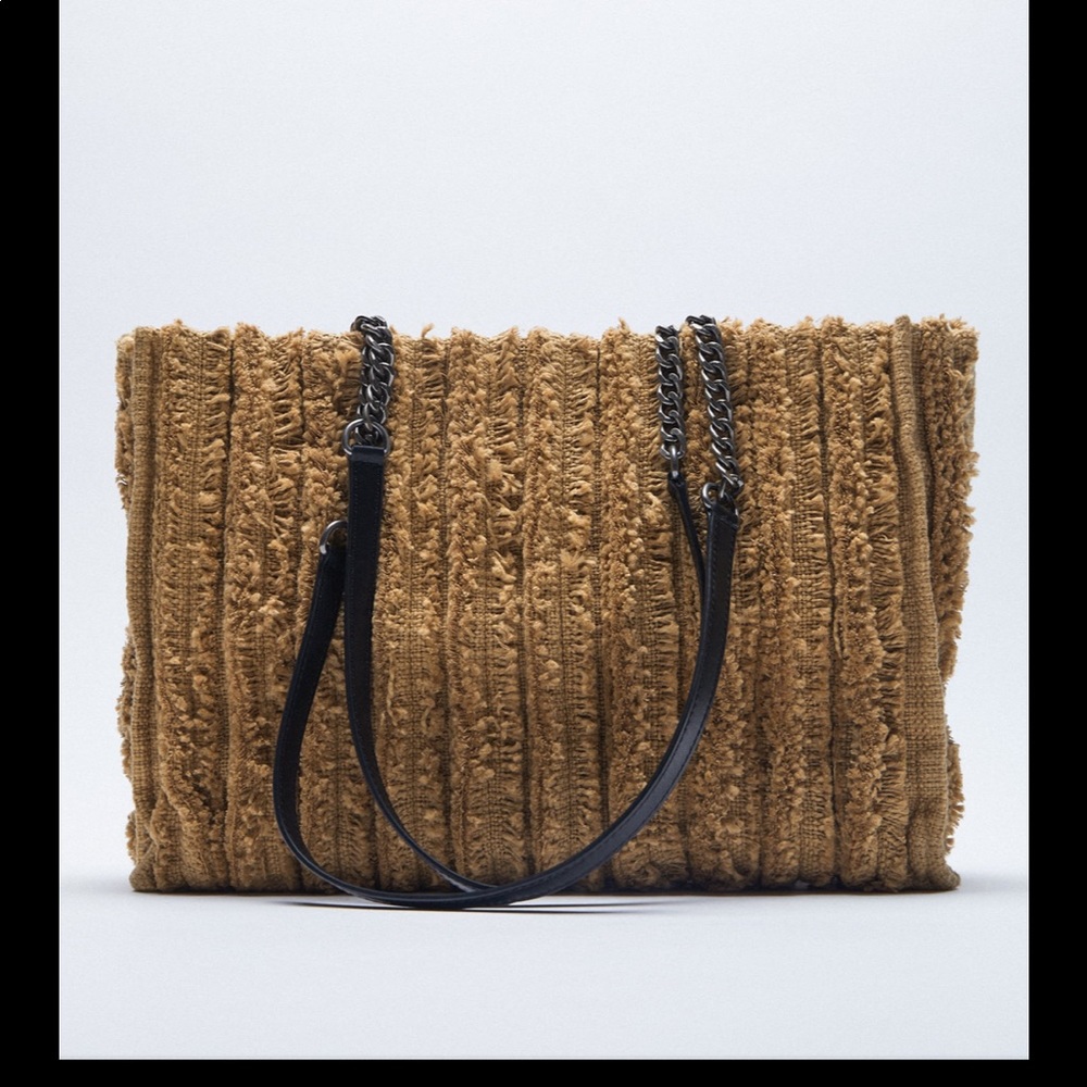 Zara Brown Textured Tote with Black Chain-Strap